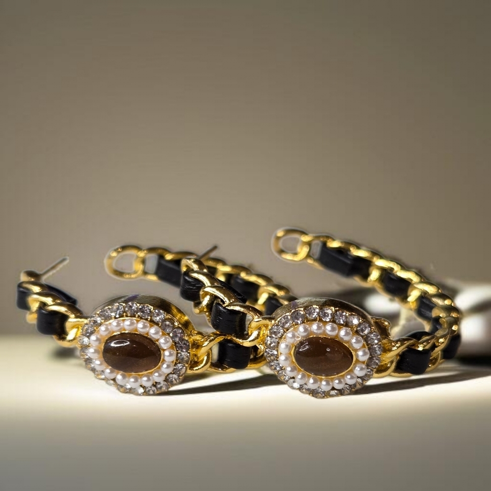 18k Gold Plated Tigers Woven Leather Hoop Earrings - Picture 3 of 5